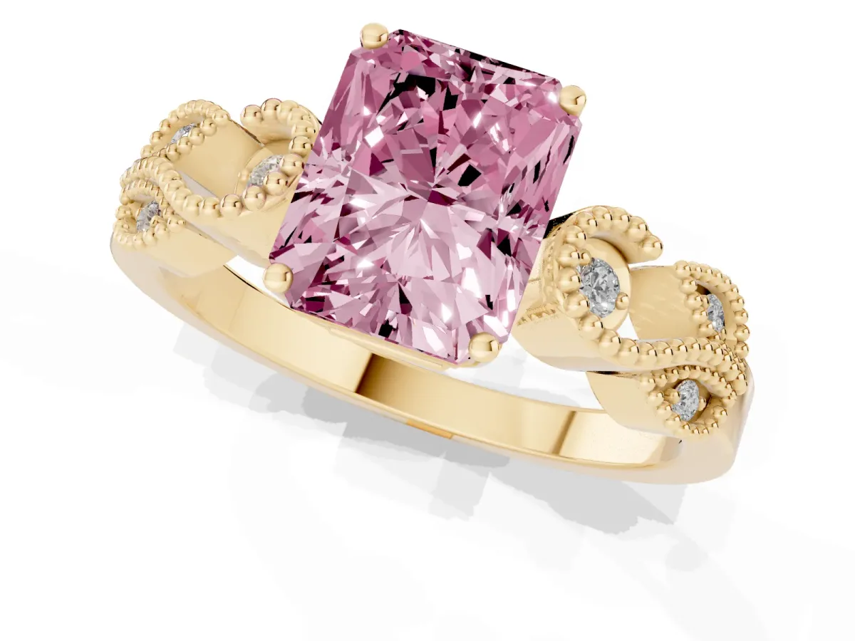 Fancy Pink Princess Cut Solitaire Milgrain Leaf Band with Prong Setting Yellow gold