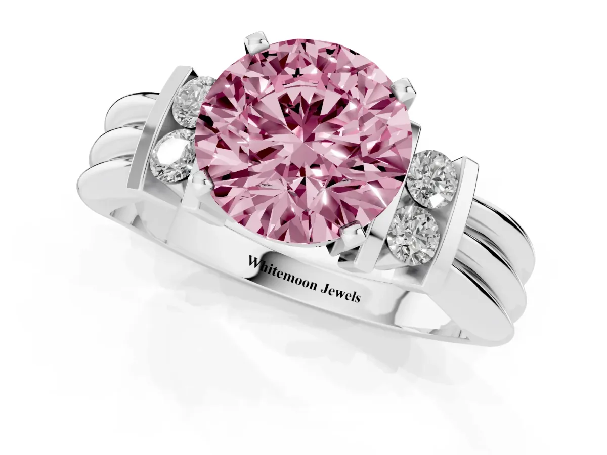 Fancy Pink Round Cut Cut Three-Stone Channel Set Ring with Bar Prongs Silver