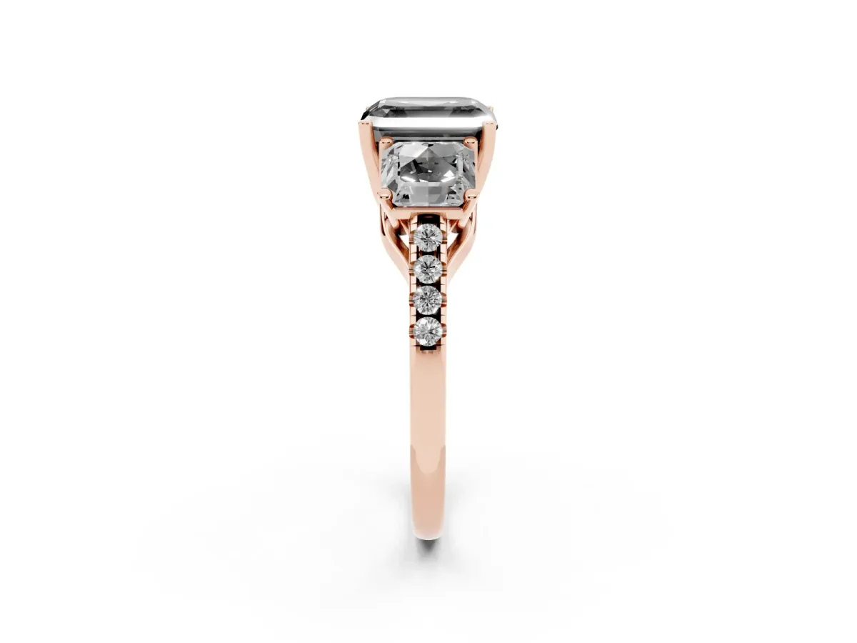 Fancy Black Three-Stone Asscher Cut Diamond Ring with Round Pavé Band and Prong Setting Rose gold