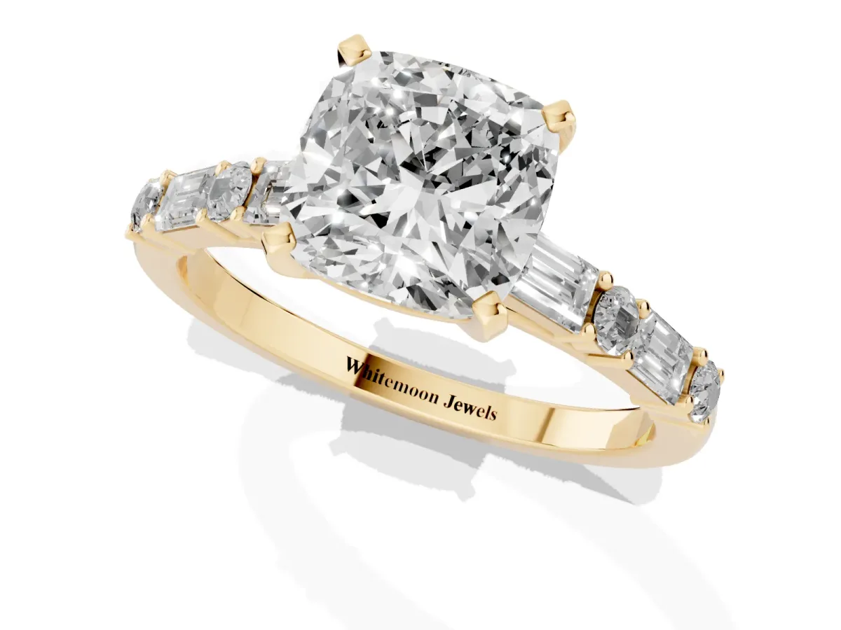 Cushion Cut Diamond Solitaire with Side Baguettes and Channel Set Band Yellow gold