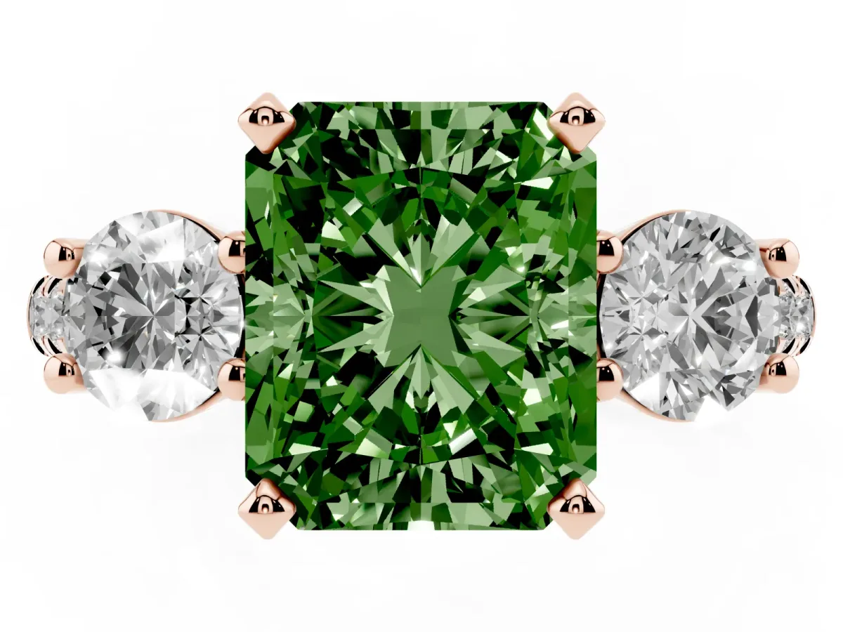Fancy Green Three-Stone Radiant Cut Diamond Pavé Band with Four-Prong Setting Rose gold