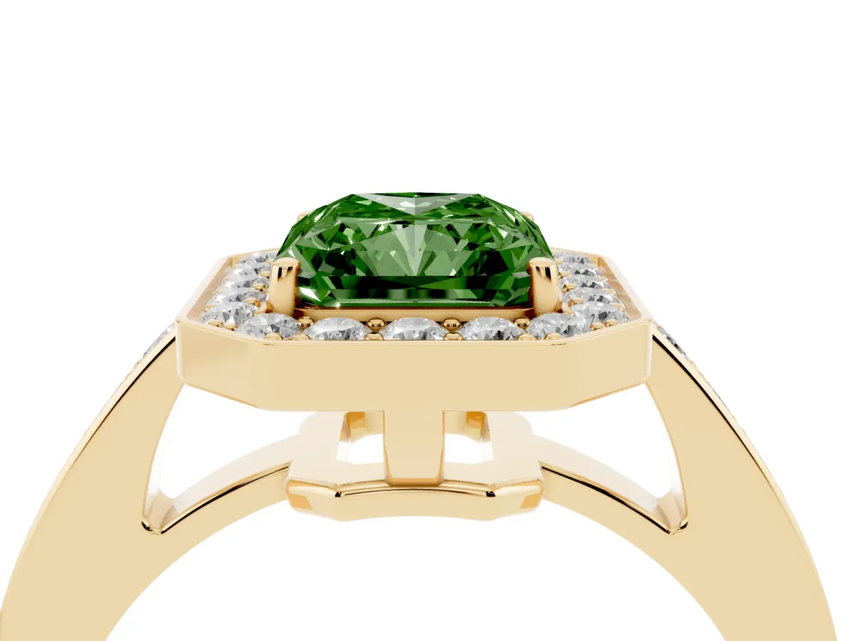 Fancy Green Radiant Cut Halo Pavé Diamond Engagement Ring with Bezel Setting Yellow gold