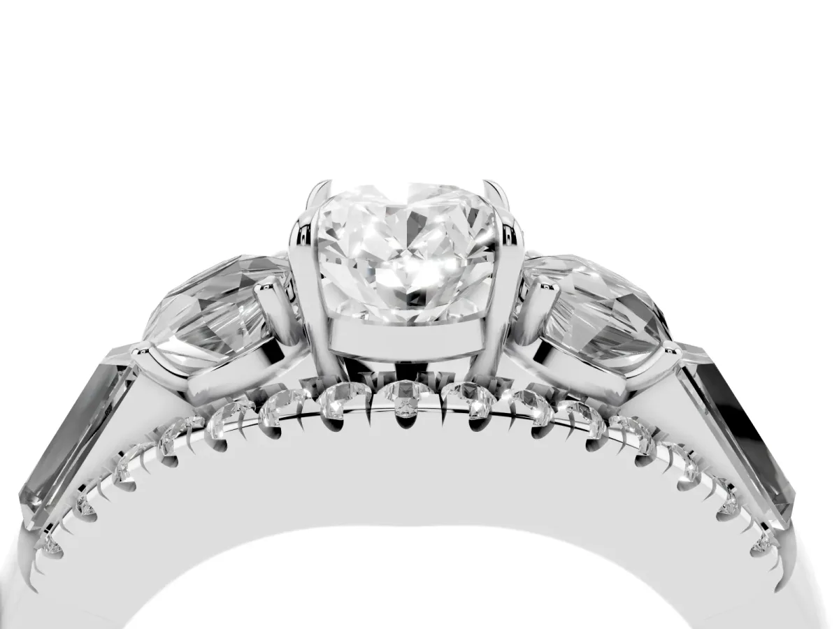 Three-Stone Oval Cut Diamond Engagement Ring with Pave Band and Prong Setting Silver