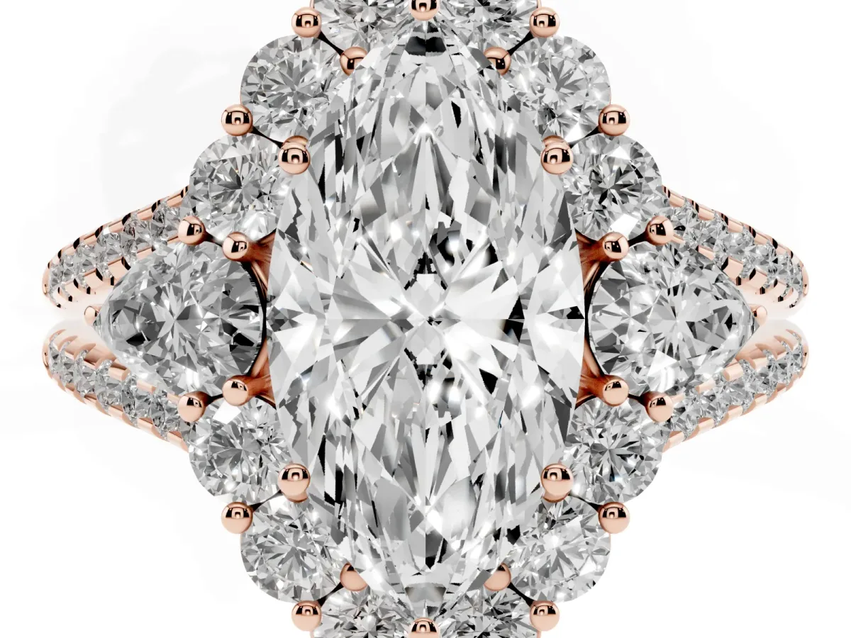 Marquise Cut Halo Split Shank Diamond Engagement Ring with Prong Setting Rose gold