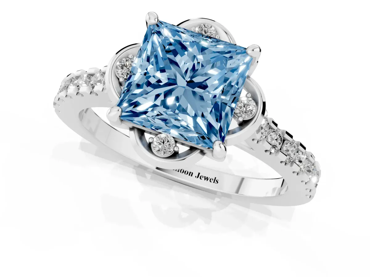 Fancy Blue Princess Cut Diamond Ring with Pavé Band and Floral Prong Setting Silver