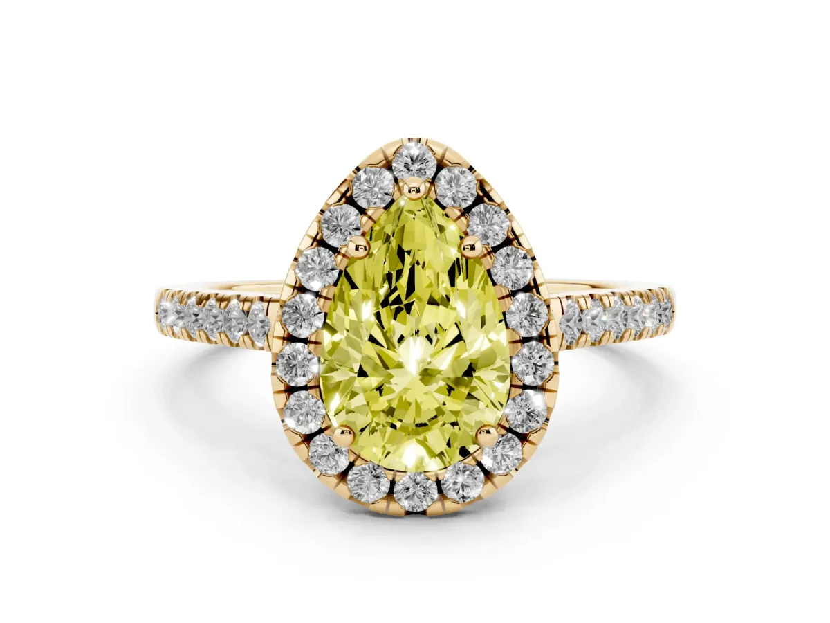 Fancy Yellow Pear Cut Halo Pavé Diamond Engagement Ring with Four-Prong Setting Yellow gold
