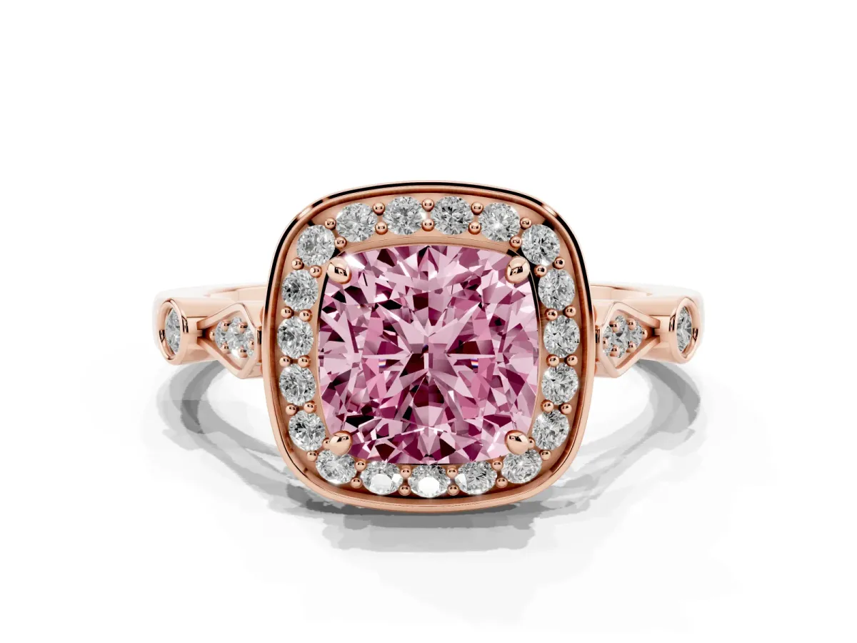Fancy Pink Cushion Cut Halo Diamond Engagement Ring with Twisted Band and Four-Prong Setting Rose gold