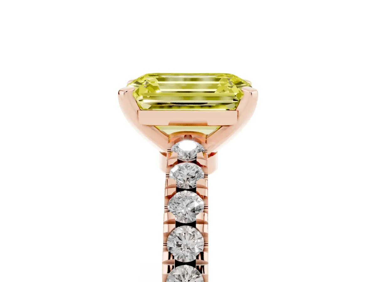 Fancy Yellow Emerald Cut Solitaire Diamond with Pavé Band and Four-Prong Setting Rose gold