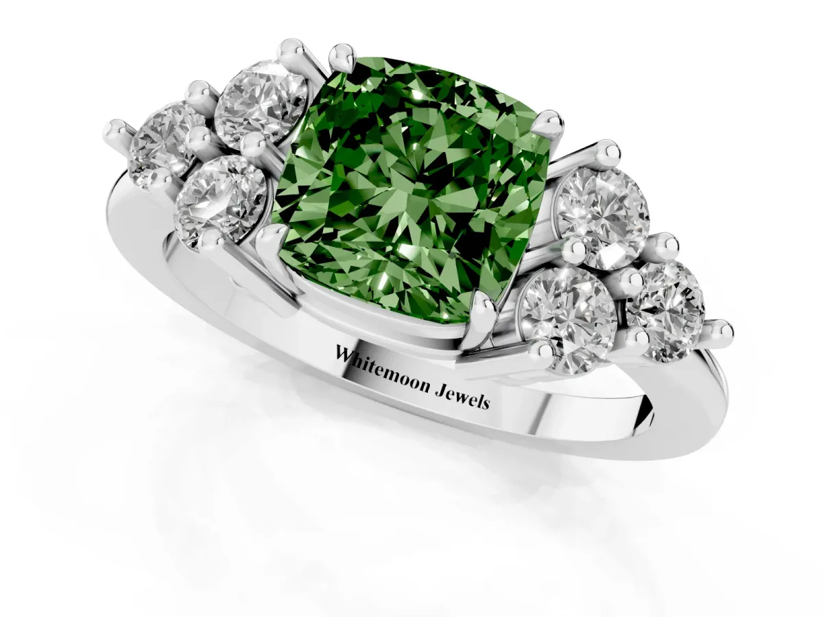 Fancy Green Cushion Cut Brilliant Diamond Cluster Accent Solitaire Ring with Prong Setting Platinum