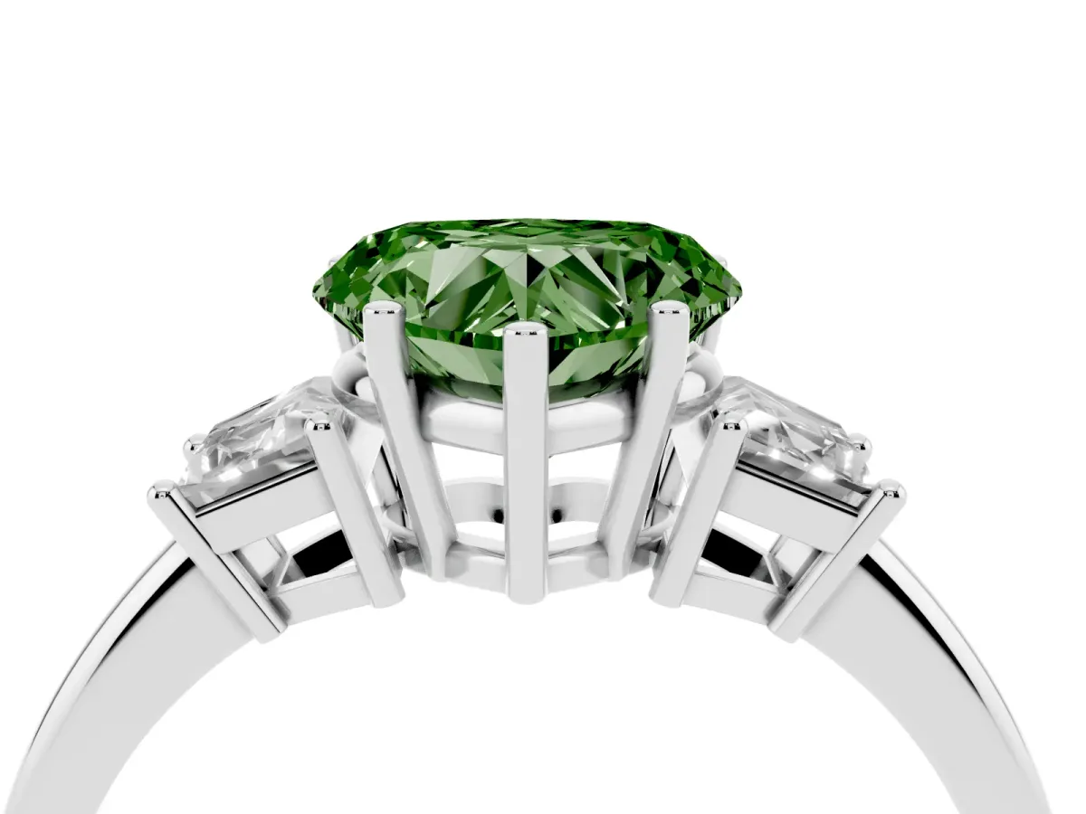 Fancy Green Heart Cut Diamond Three-Stone Ring with Trapezoid Side Stones and Prong Setting Silver