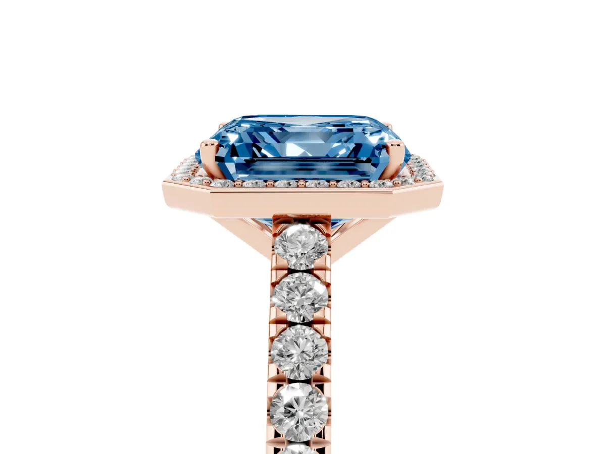 Fancy Blue Asscher Cut Cut Halo Diamond Engagement Ring with Pave Band and Four-Prong Setting Rose gold