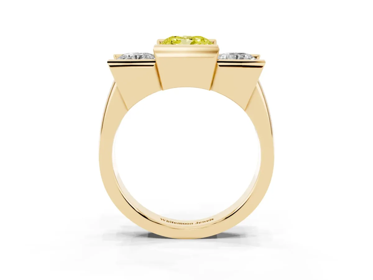 Fancy Yellow Three Stone Cushion Cut Cut Channel Set Diamond Ring Yellow gold