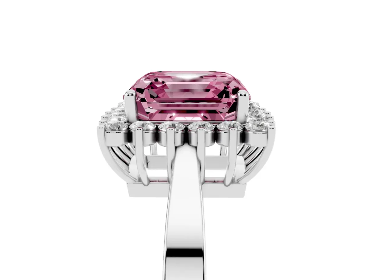 Fancy Pink Asscher Cut Cut Diamond Halo Ring with Round Brilliant Halo and Solitaire Band White gold