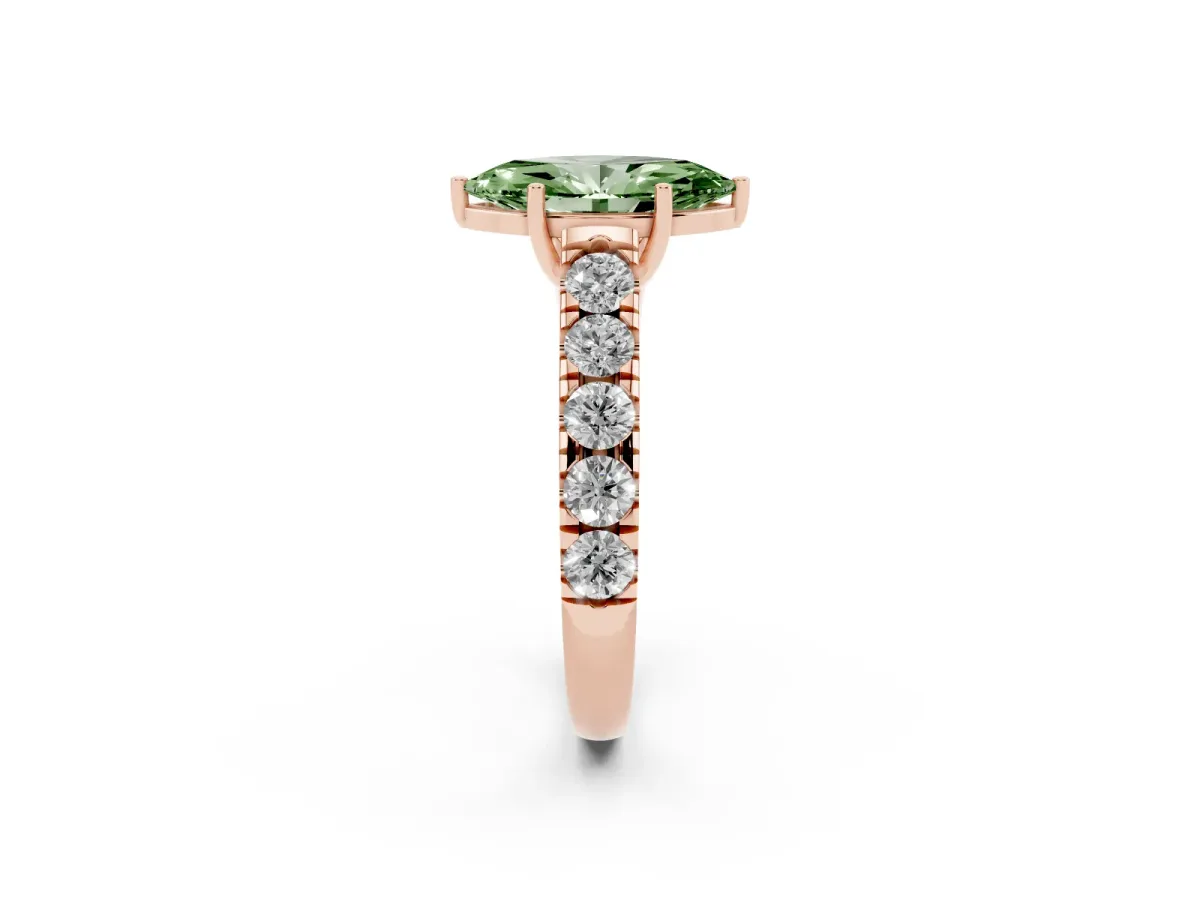 Fancy Green Marquise Cut Cut Diamond Solitaire Ring with Micro Pave Band and Prong Setting Rose gold