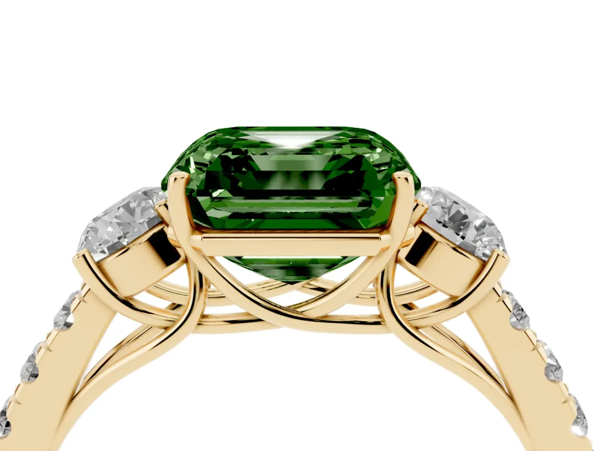 Fancy Green Asscher Cut Cut Diamond Three-Stone Ring with Round Side Stones and Pavé Band Yellow gold