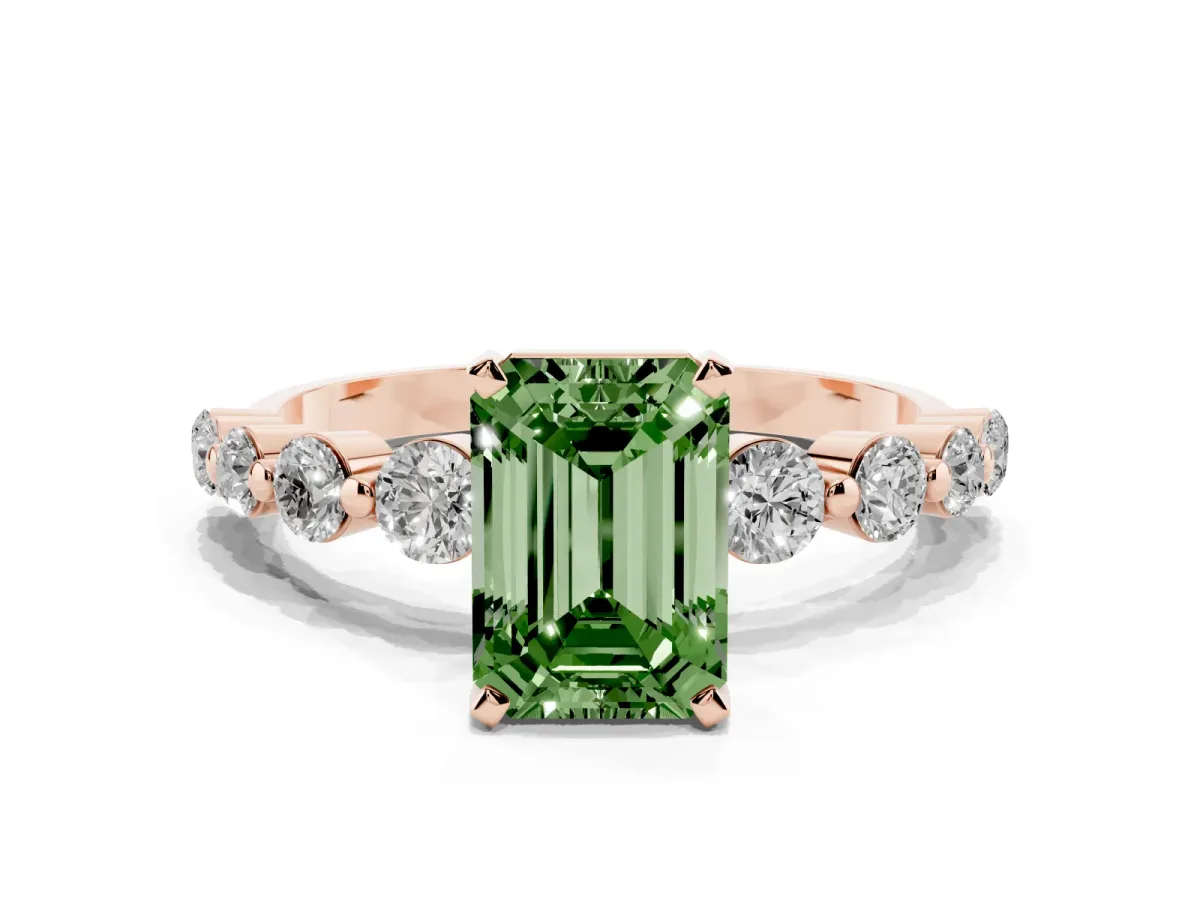 Fancy Green Emerald Cut Solitaire Diamond Ring with Pave Band and Four-Prong Setting Rose gold