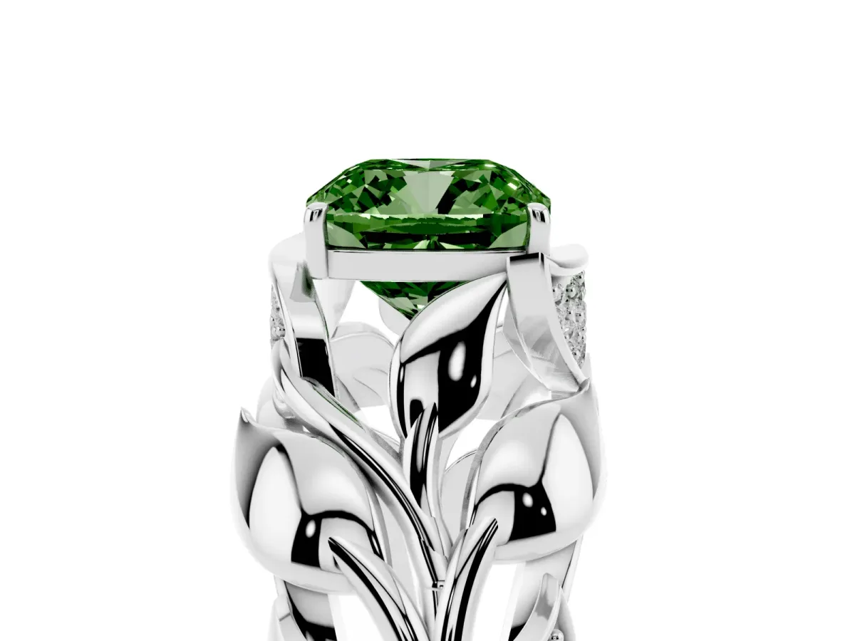 Fancy Green Cushion Cut Diamond Leaf-Inspired Engagement Ring with Round Accents and Prong Setting Platinum
