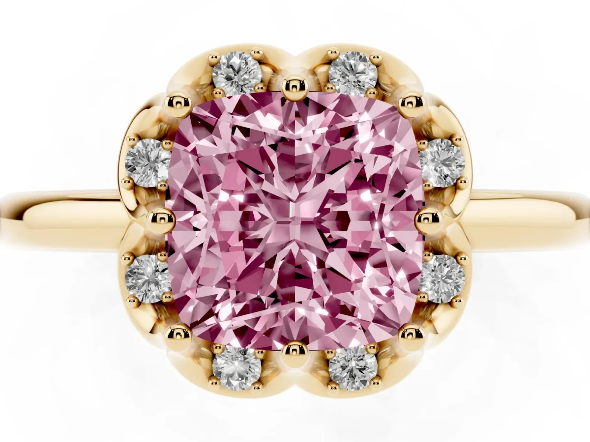 Fancy Pink Cushion Cut Halo Diamond Ring with Round Cluster Setting, Solitaire Band, and Four-Prong Setting Yellow gold