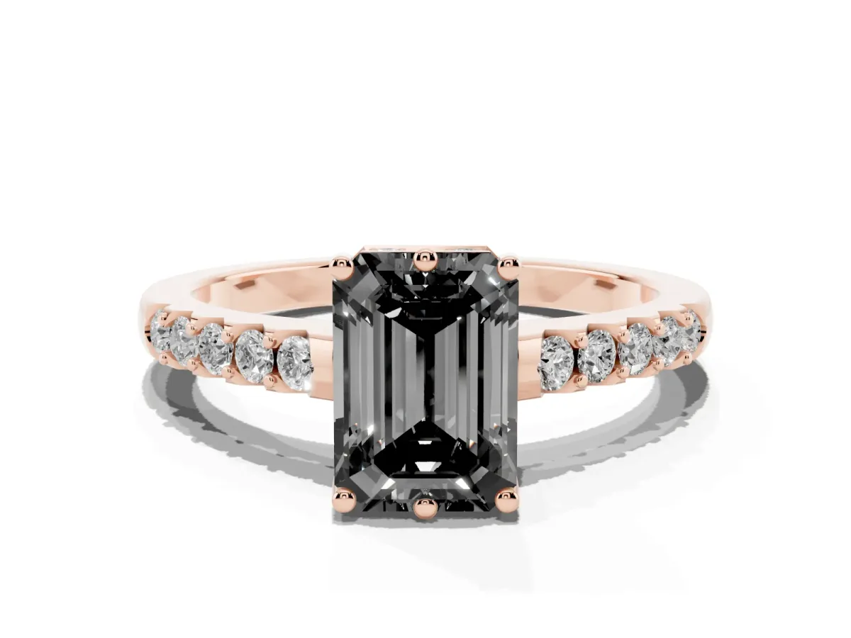 Fancy Black Emerald Cut Solitaire Diamond Engagement Ring with Pavé Band and Six-Prong Setting Rose gold