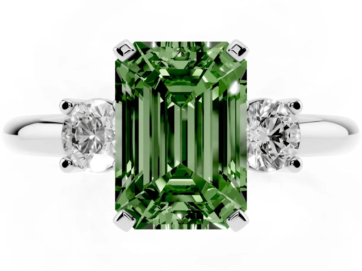 Fancy Green Three-Stone Emerald Cut Cut Diamond Solitaire with Prong Setting and Classic Band Silver