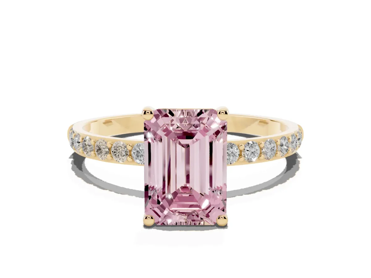 Fancy Pink Emerald Cut Diamond Solitaire Ring with Round Pavé Shoulders and Prong Setting Yellow gold