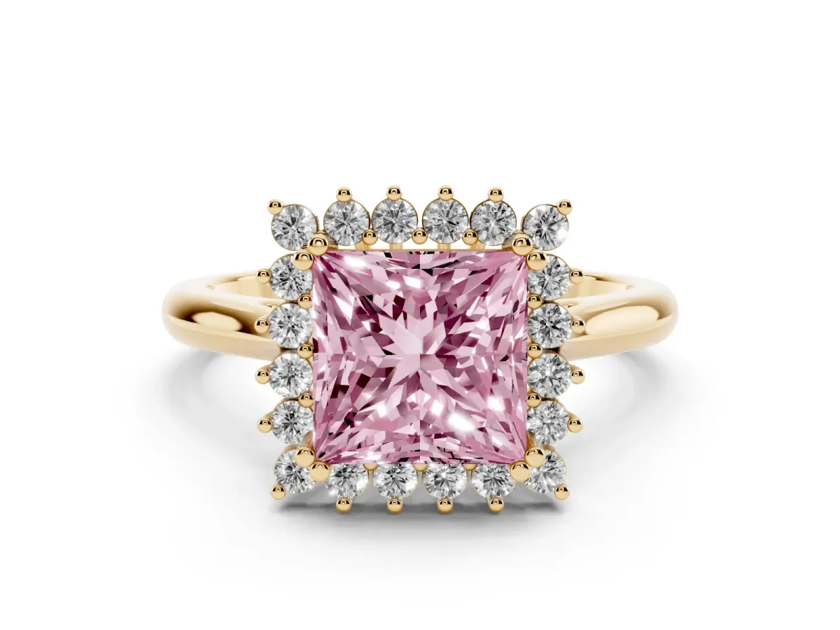 Fancy Pink Princess Cut Cut Diamond Halo Ring with Solitaire Band and Prong Setting Yellow gold