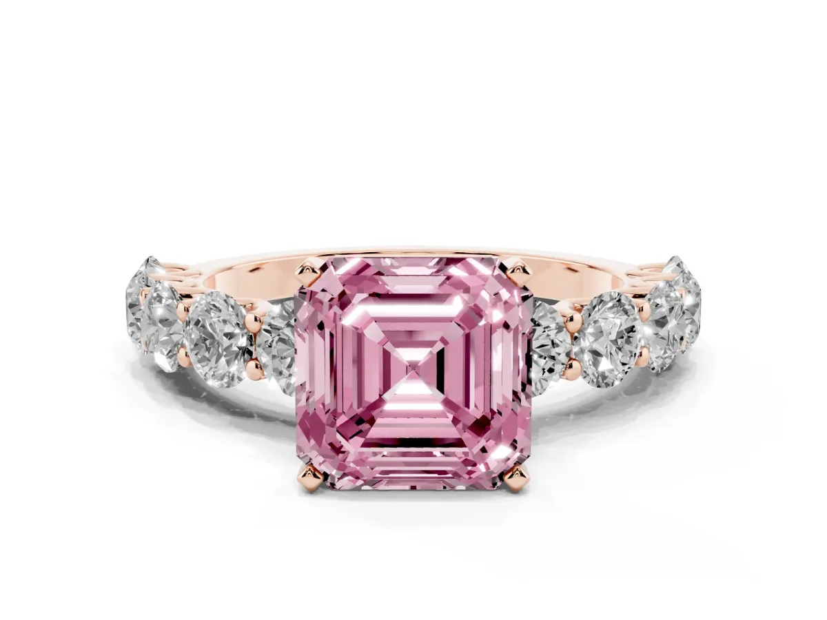 Fancy Pink Asscher Cut Diamond Prong Setting with Side Stones on a Pave Band Rose gold