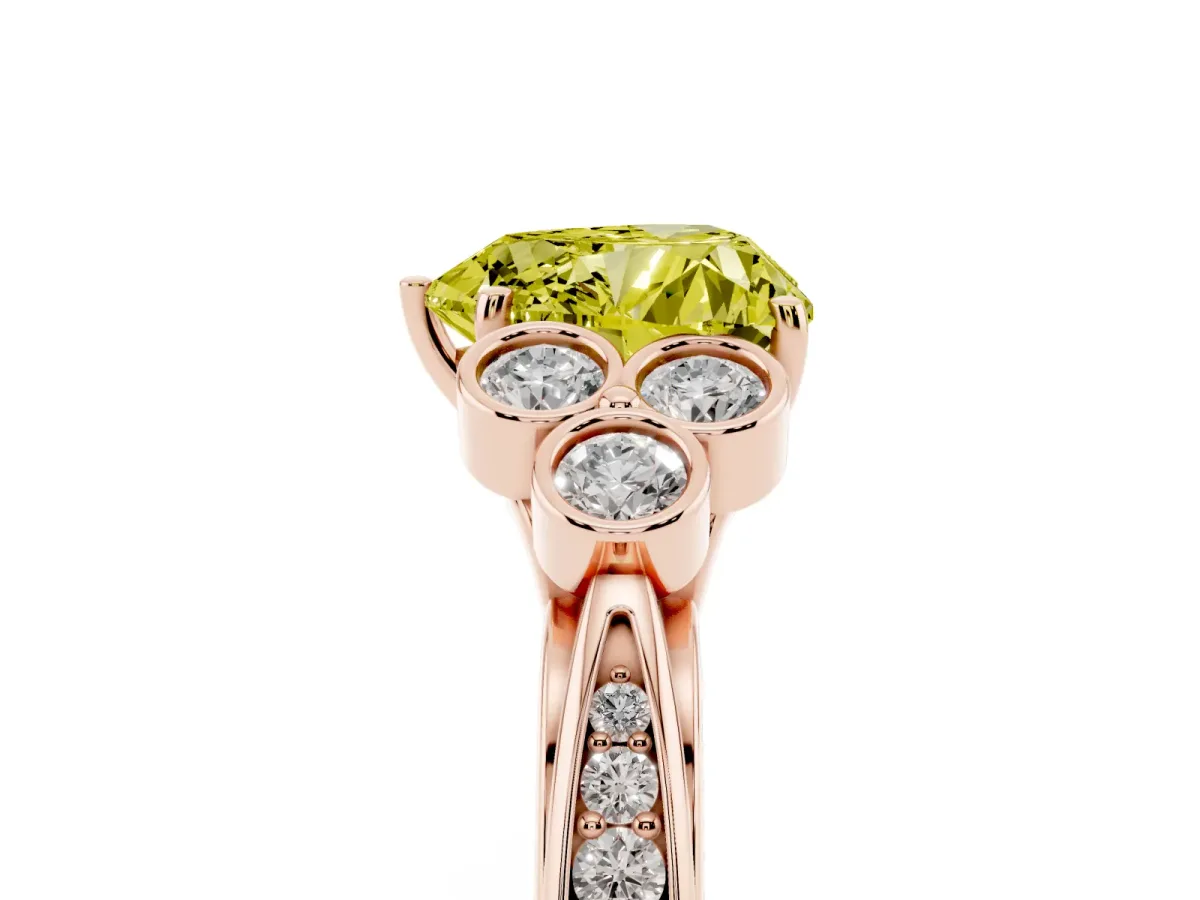 Fancy Yellow Heart Cut Cut Diamond Engagement Ring with Bezel Set Round Side Stones and Prong Setting Rose gold