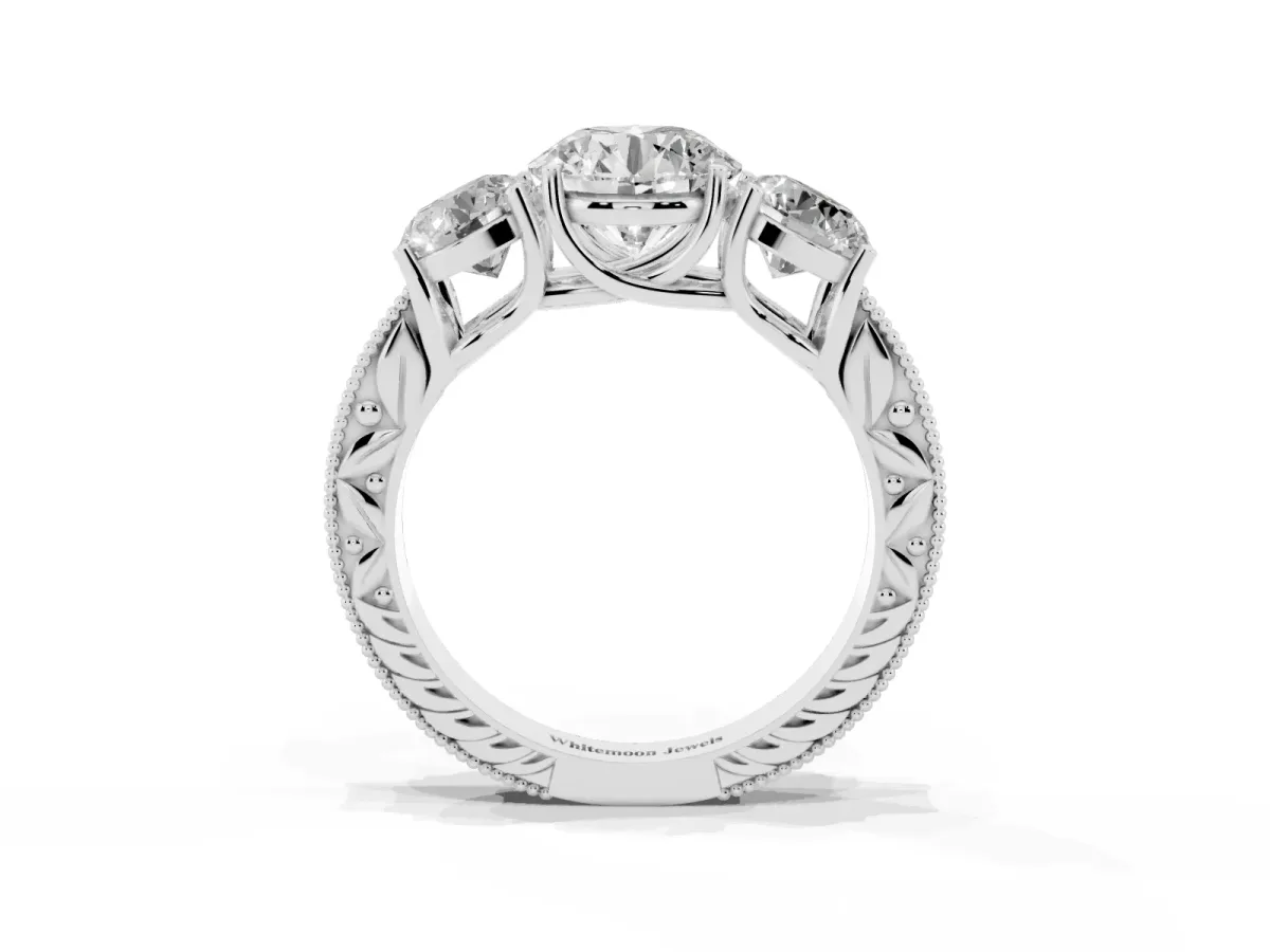 Three-Stone Round Cut Cut Milgrain Pavé Engagement Ring Silver