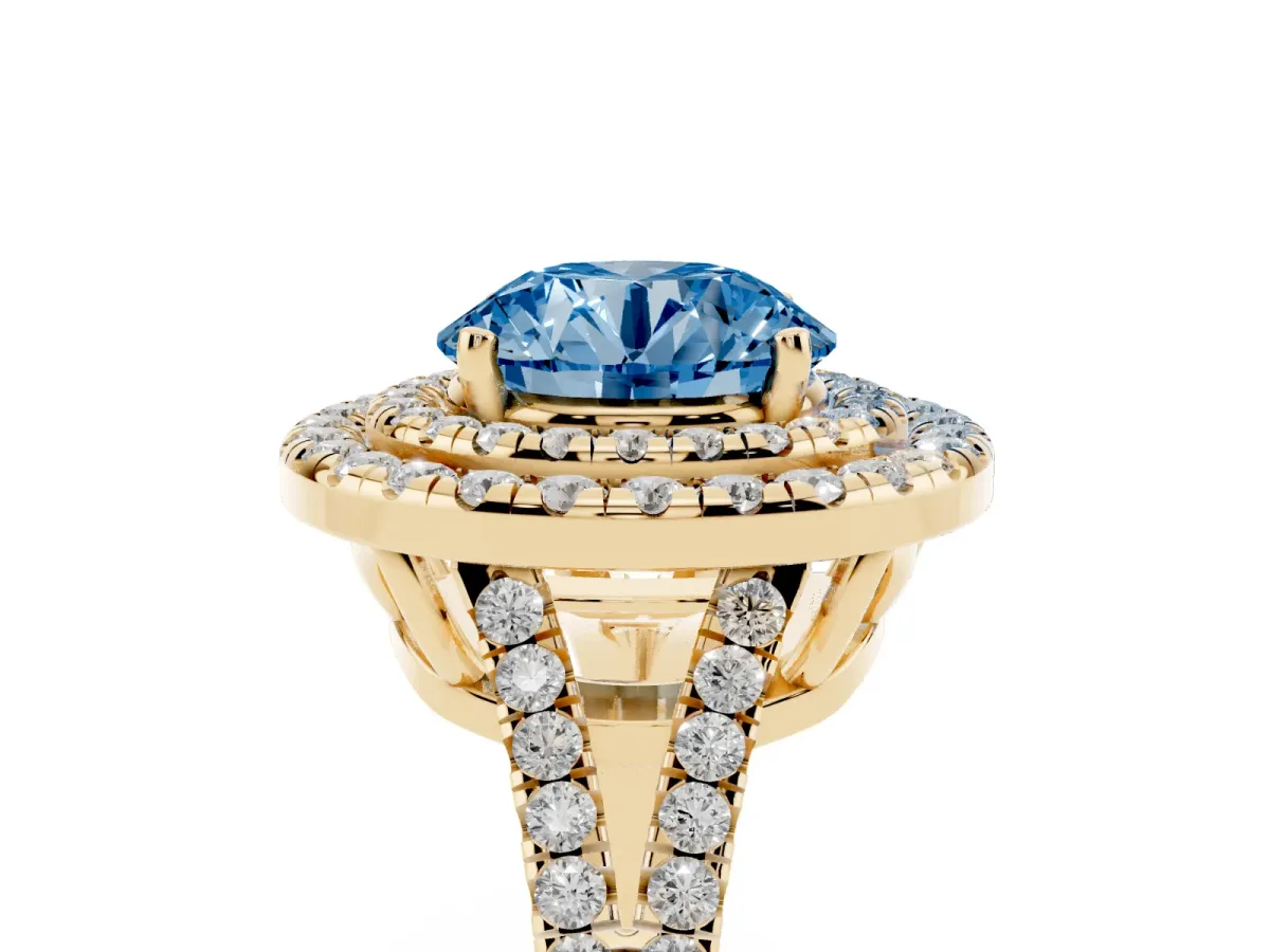 Fancy Blue Round Cut Diamond Double Halo Ring with Pavé Band and Prong Setting Yellow gold