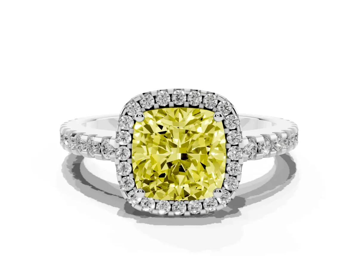 Fancy Yellow Cushion Cut Diamond Halo Engagement Ring with Pavé Band and Prong Setting Platinum