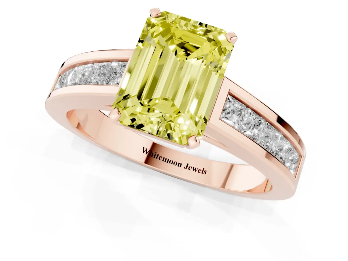 Fancy Yellow Emerald Cut Solitaire Diamond Ring with Channel-Set Band and Four-Prong Setting Rose gold