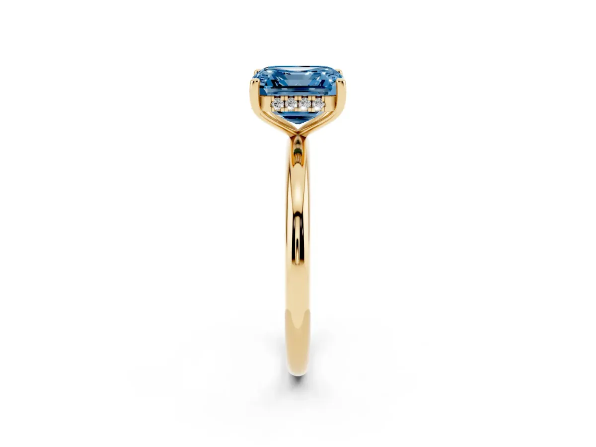 Fancy Blue Asscher Cut Cut Solitaire Engagement Ring with Four-Prong Setting and Classic Band Yellow gold