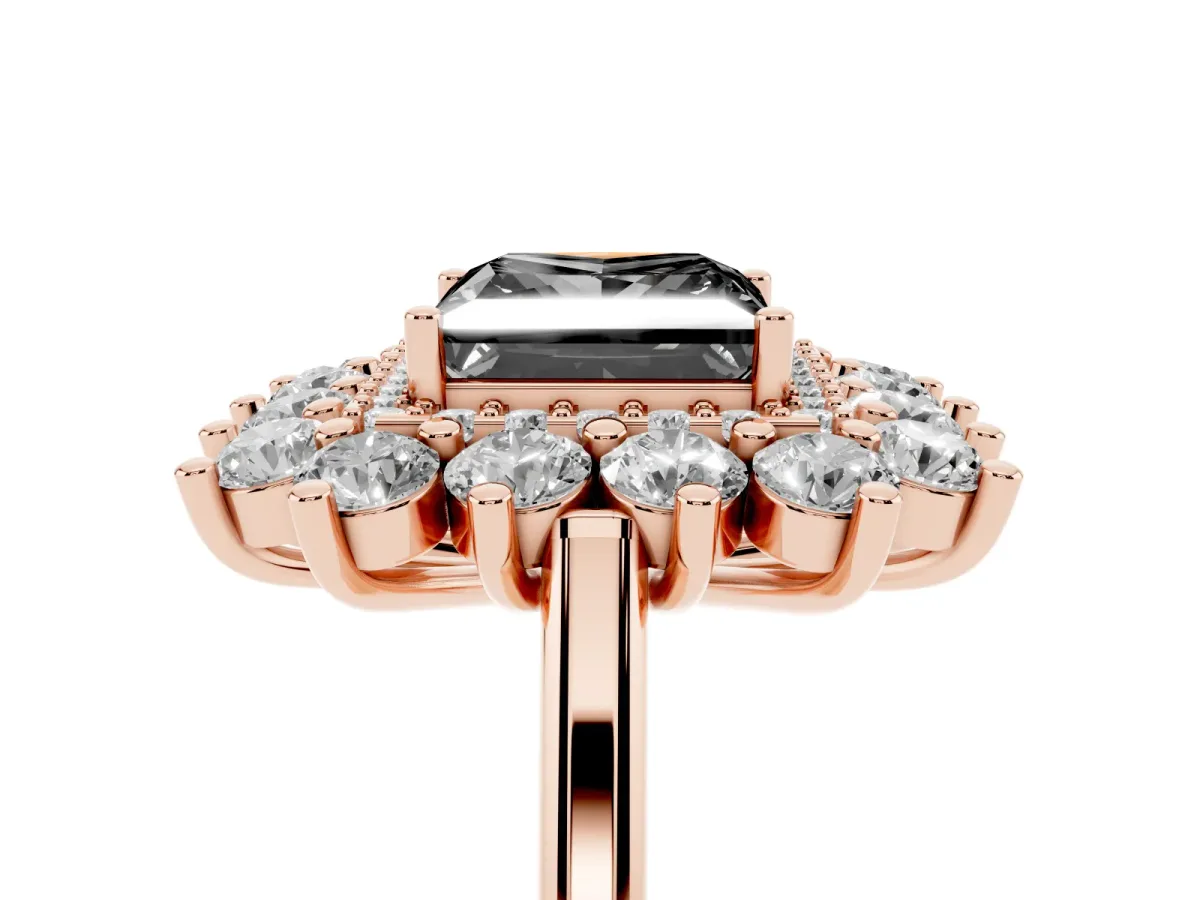 Fancy Black Princess Cut Diamond Floral Double Halo Engagement Ring with Prong Setting Rose gold