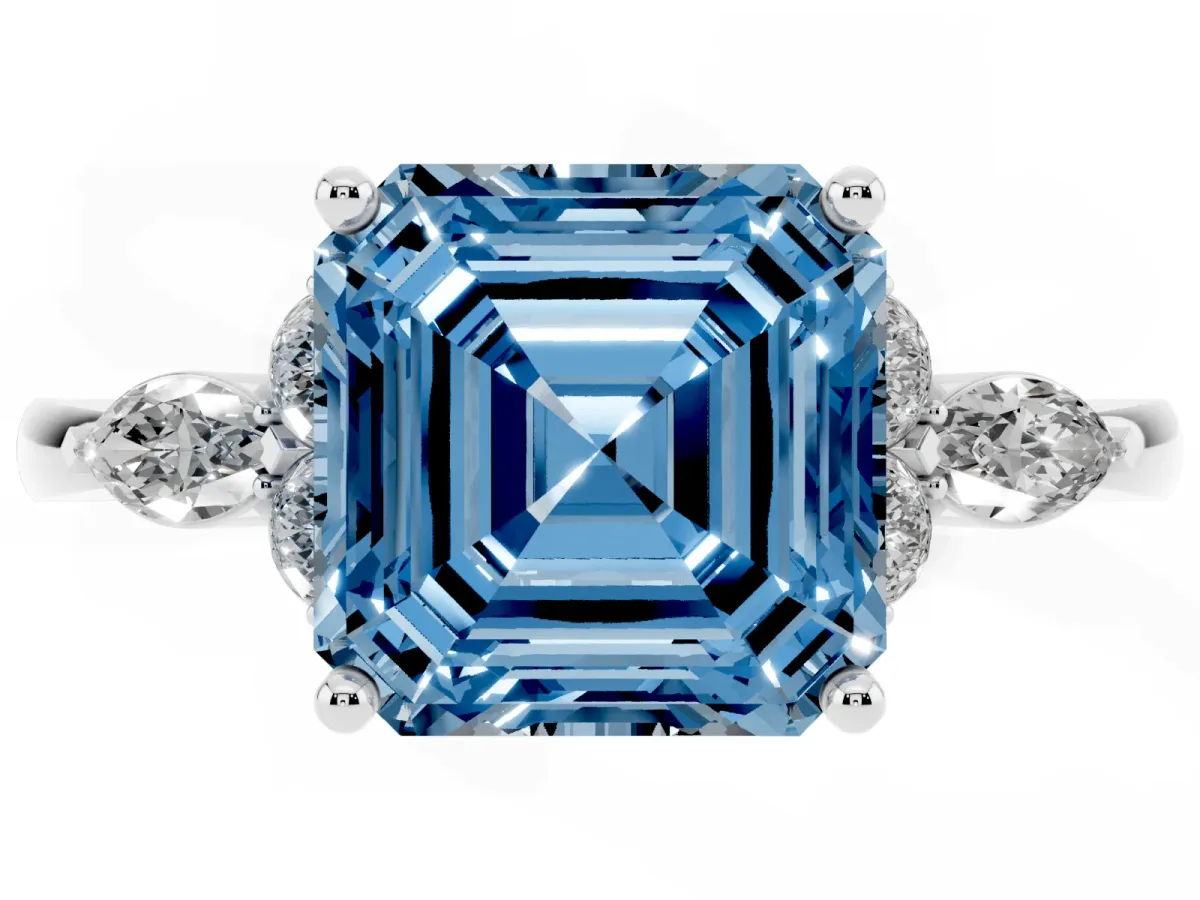 Fancy Blue Asscher Cut Brilliant Diamond Solitaire Ring with Pear Side Stones and Four-Prong Setting Silver