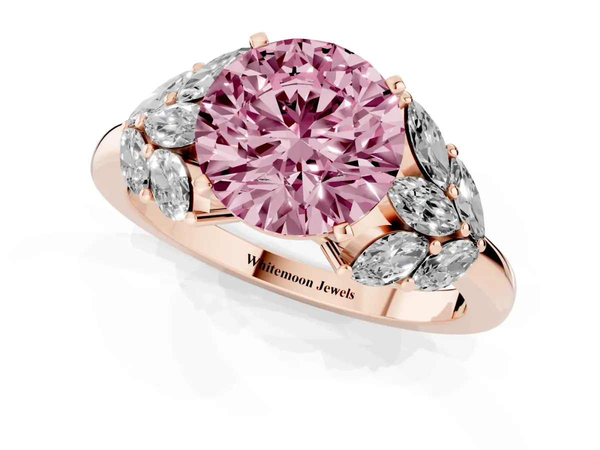 Fancy Pink Round Cut Diamond Cluster Leaf Design Ring with Prong Setting Rose gold