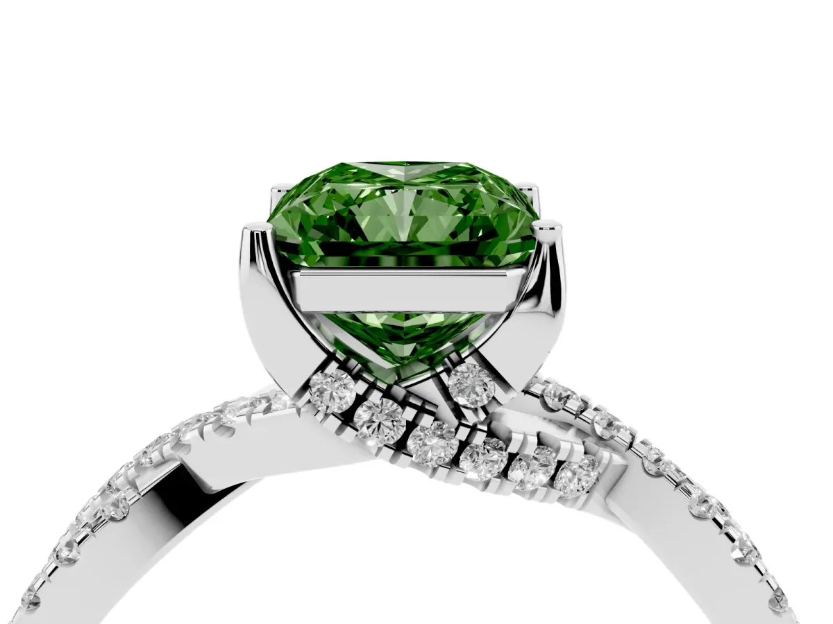 Fancy Green Radiant Cut Solitaire Twist Pave Diamond Engagement Ring with Prong Setting Silver
