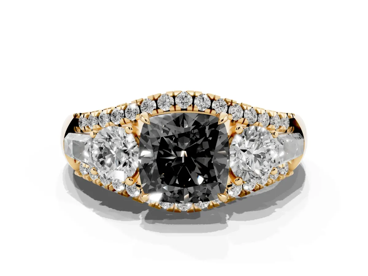 Fancy Black Three-Stone Cushion Cut Diamond Engagement Ring with Pave Band and Prong Setting Yellow gold