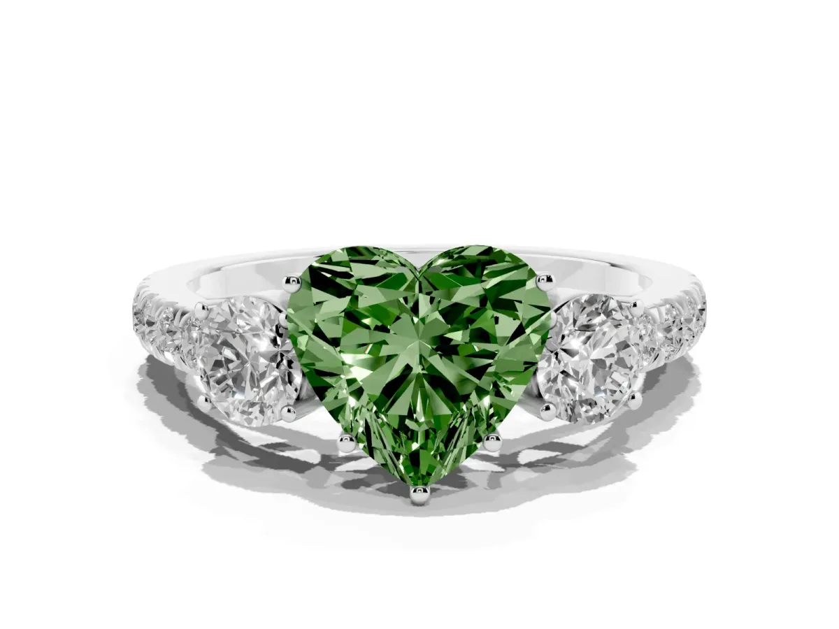 Fancy Green Heart Cut Cut Diamond Three-Stone Ring with Round Side Stones and Pavé Band White gold
