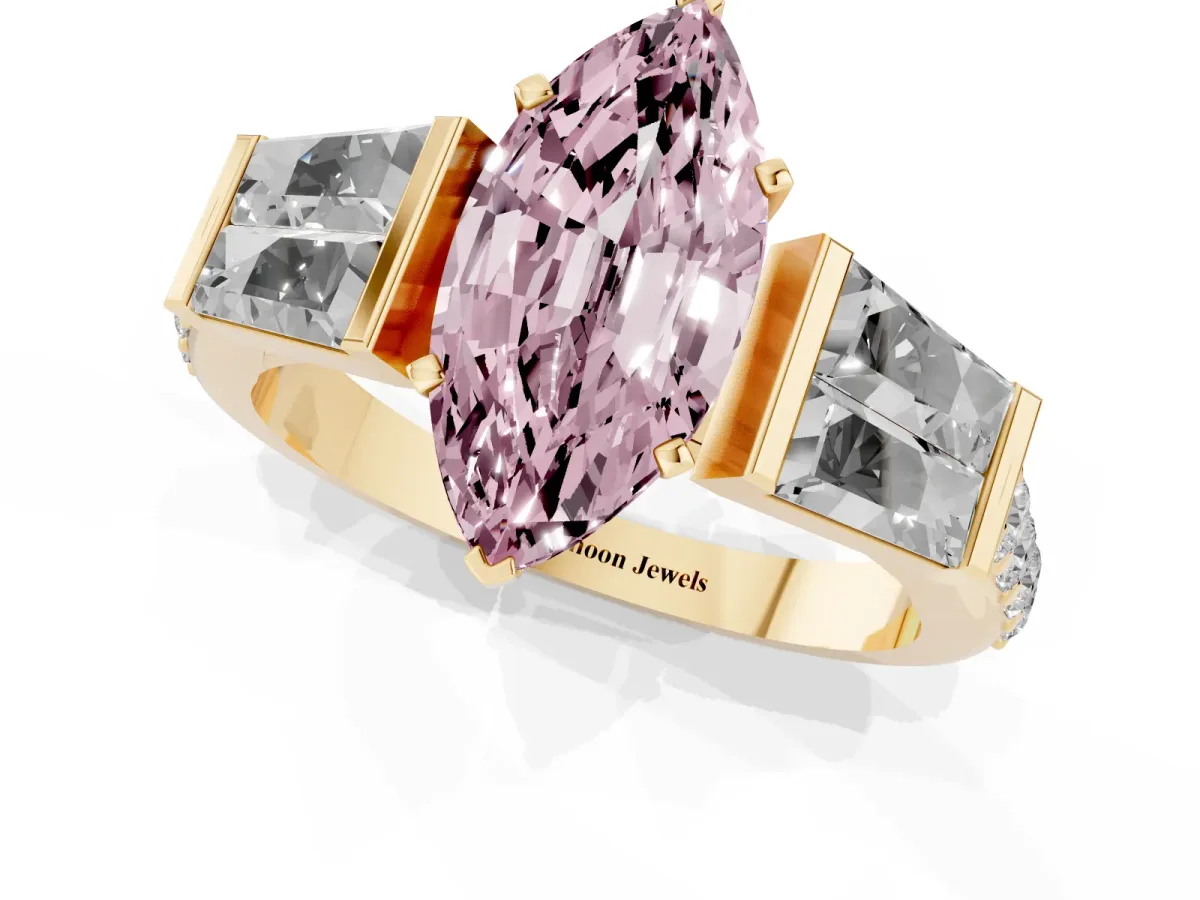 Fancy Pink Marquise Cut Diamond Engagement Ring with Baguette Side Stones and Channel Set Band Yellow gold