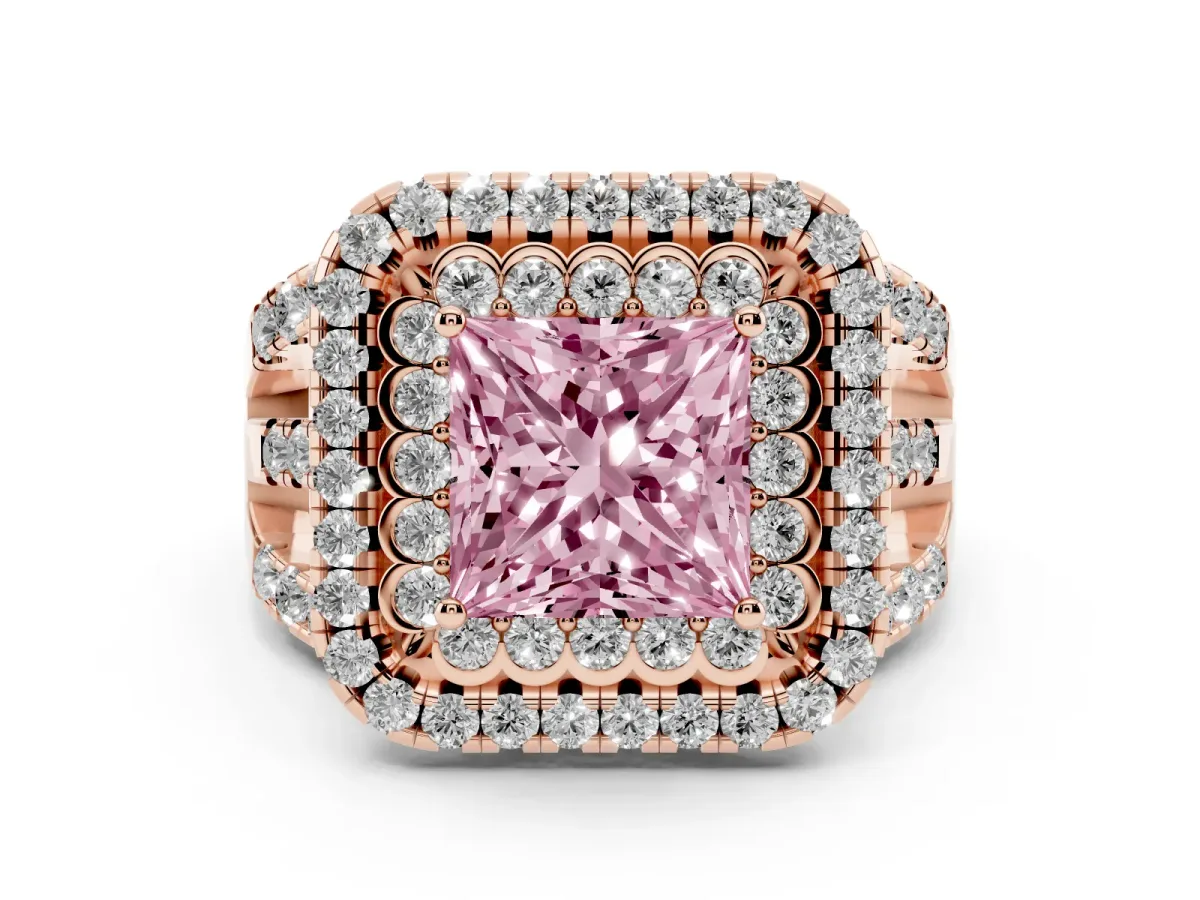 Fancy Pink Princess Cut Diamond Double Halo Ring with Round Pavé Split Shank and Prong Setting Rose gold