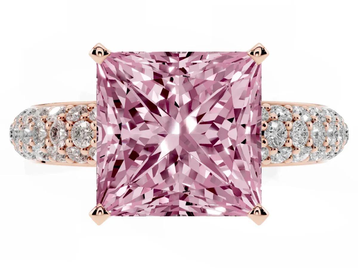 Fancy Pink Princess Cut Diamond Solitaire Ring with Prong Setting and Pavé Band Rose gold