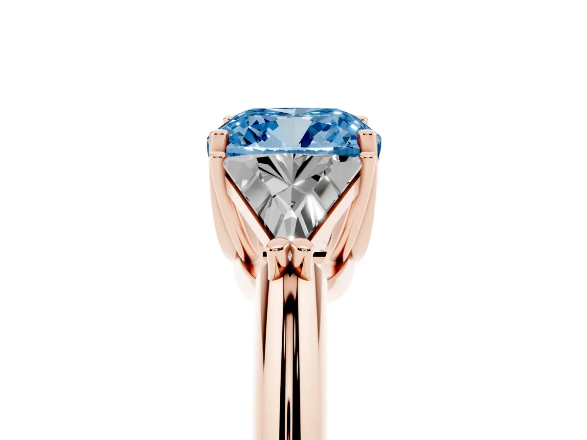 Fancy Blue Three-Stone Cushion Cut Diamond Engagement Ring with Trillion Side Stones and Prong Setting Rose gold
