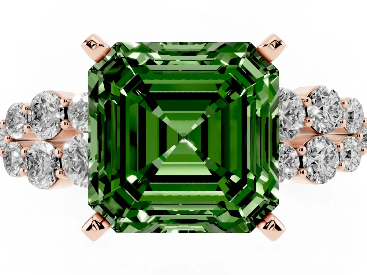 Fancy Green Asscher Cut Cluster Diamond Engagement Ring with Pavé Band and Four-Prong Setting Rose gold