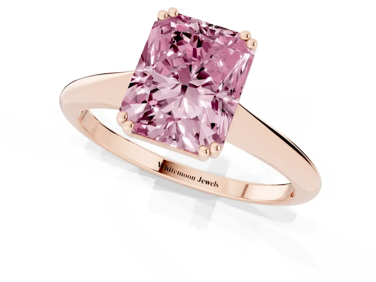 Fancy Pink Radiant Cut Solitaire Diamond Ring with Six-Prong Setting and Classic Band Rose gold