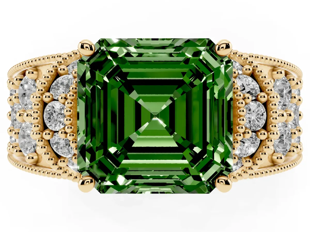 Fancy Green Asscher Cut Halo Pave Diamond Engagement Ring with Milgrain Detailing Yellow gold