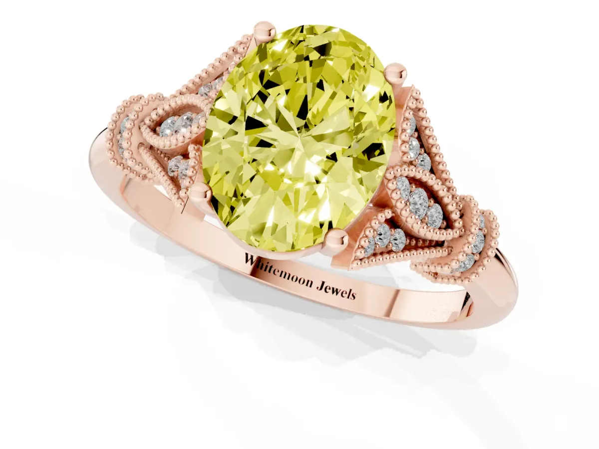Fancy Yellow Oval Cut Diamond Solitaire Ring with Floral Filigree and Pave Accents Rose gold