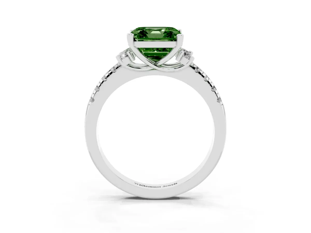 Fancy Green Asscher Cut Diamond Three-Stone Pave Band with Four-Prong Setting Silver