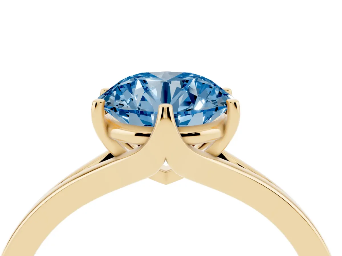 Fancy Blue Round Cut Solitaire Diamond Ring with Six-Prong Setting and Tapered Band Yellow gold