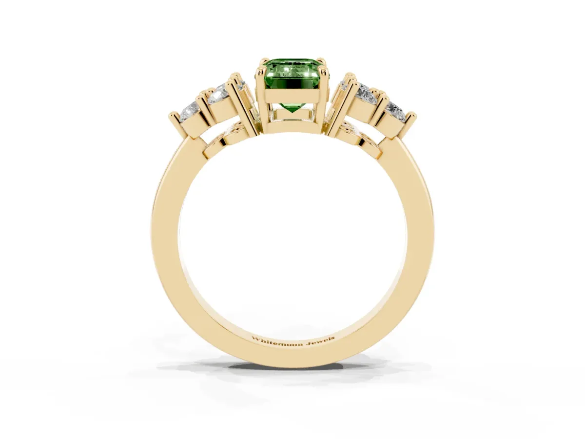 Fancy Green Emerald Cut Brilliant Diamond Cluster Accent Solitaire Ring with Prong Setting Yellow gold